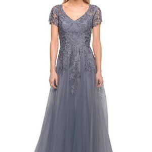 La Femme Slate Blue Shimmer Embroidered Tulle A-Line Gown